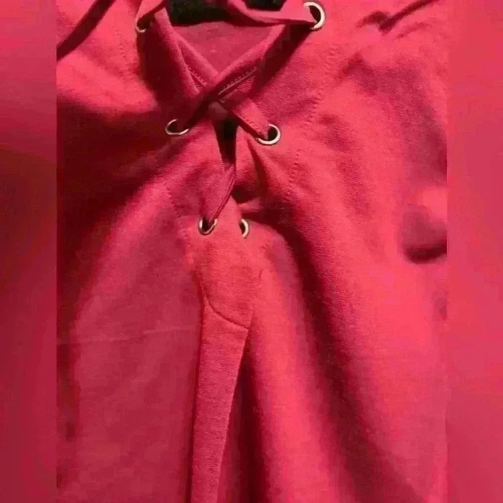 Express Cropped hoodie with cross cross ties in front. Maroon color size XS - Picture 5 of 8